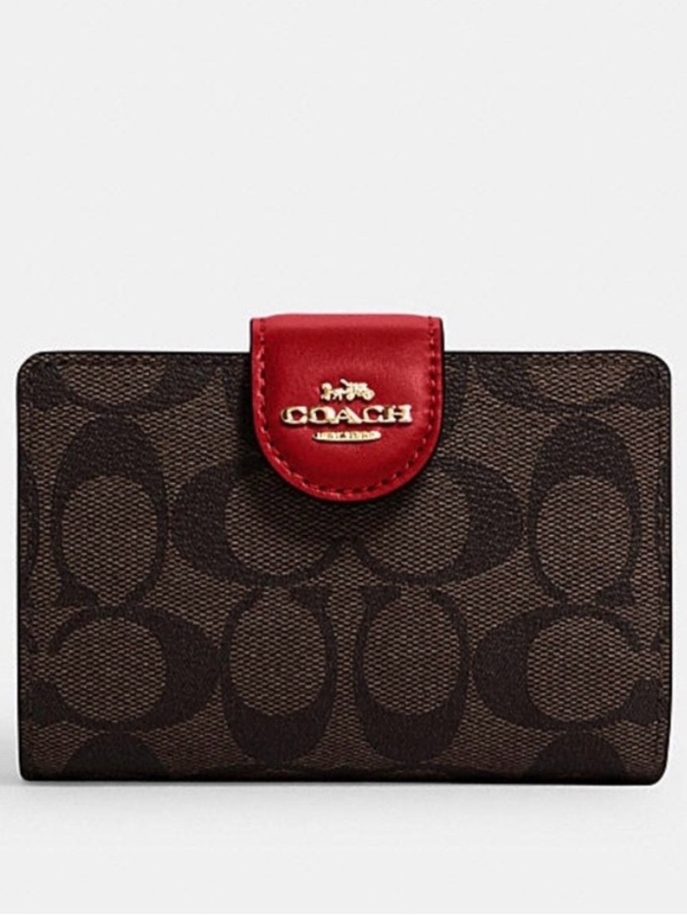Coach Brown & Red Signature Corner Zip Canvas Wallet - like new!  MSRP $198